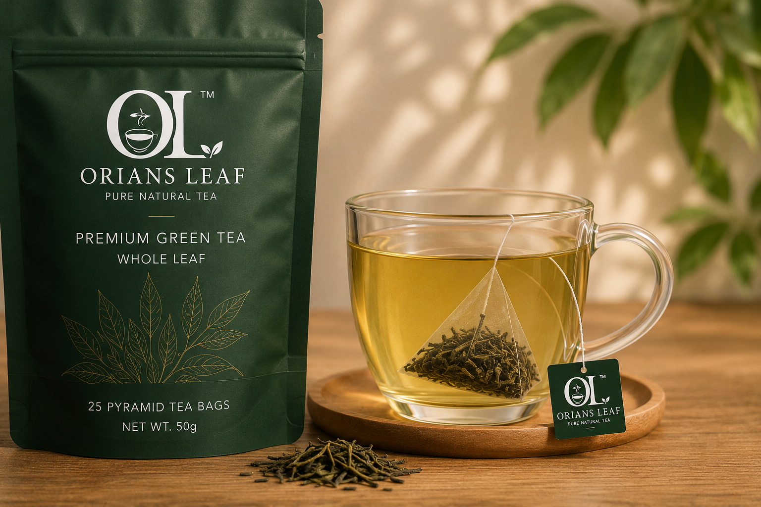 Orians Leaf premium green tea pack artwork