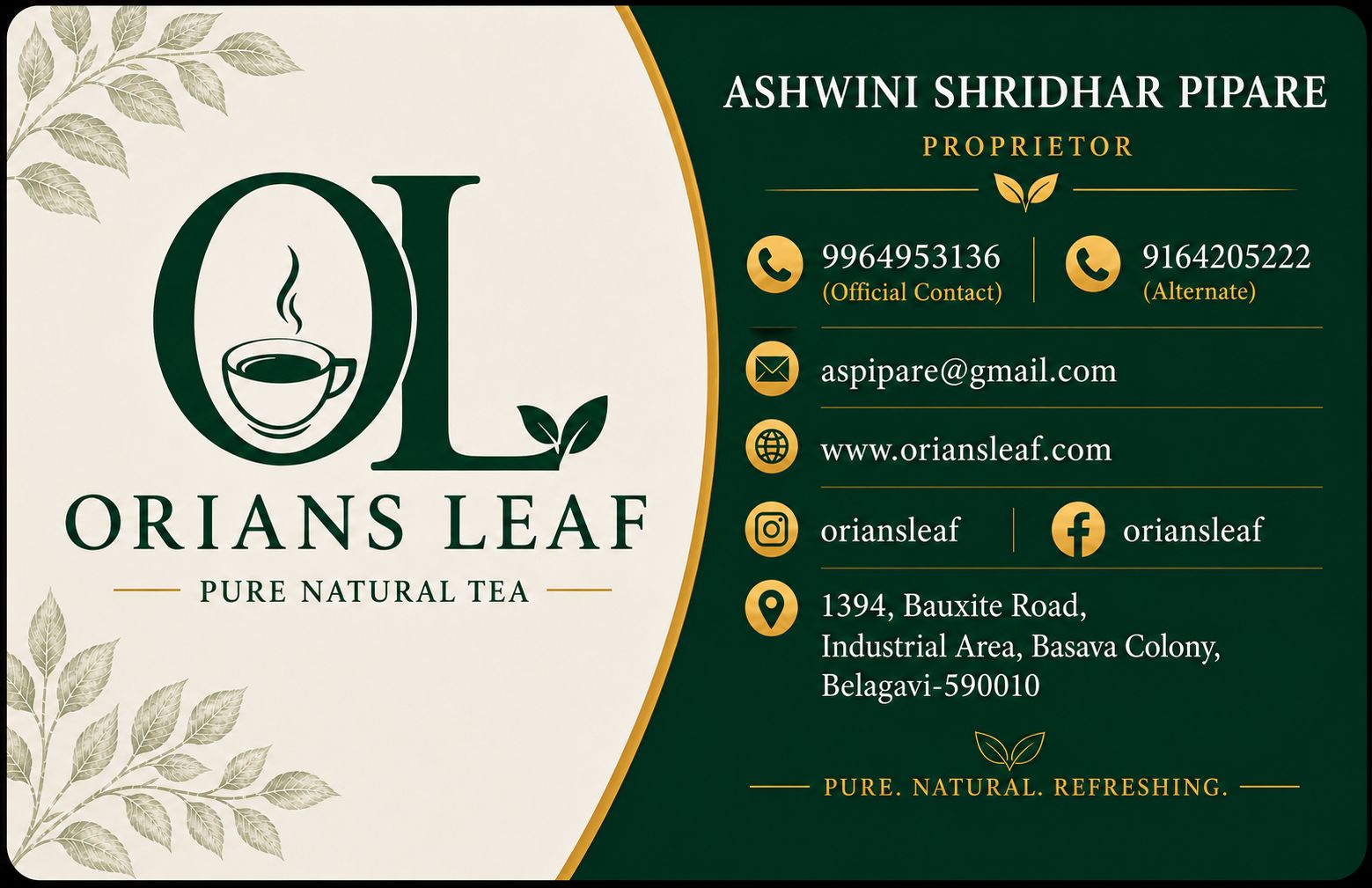Orians Leaf contact card with founder details